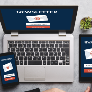 Newsletter shown on laptop and phone