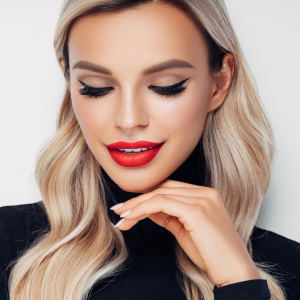Blonde woman posing with a red lip
