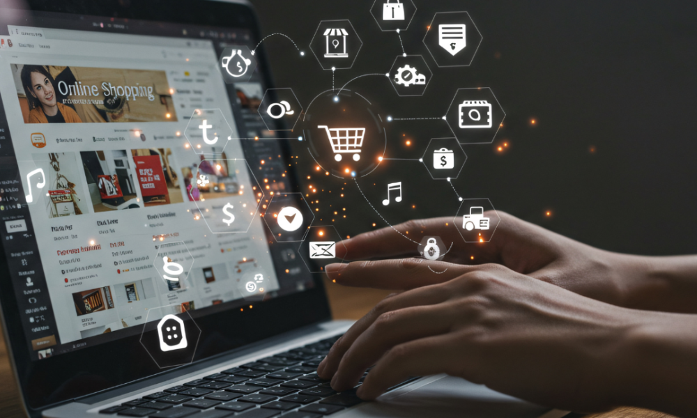 Hands typing on a laptop with elements floating from the screen, PR and Marketing