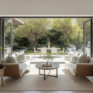 Modern open plan living area and outdoor seating