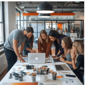 A team discussion about branding around a laptop