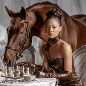 Woman in luxurious brown dress playing chess next to horse