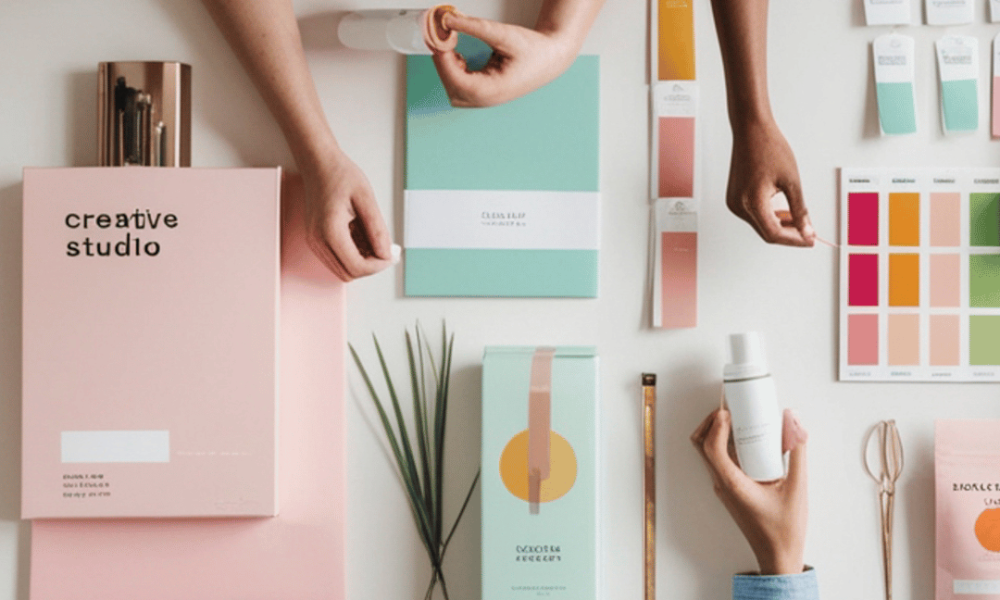 People at a table discussing brand repositioning using colour swatches and items