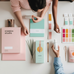 People at a table discussing brand repositioning using colour swatches and items