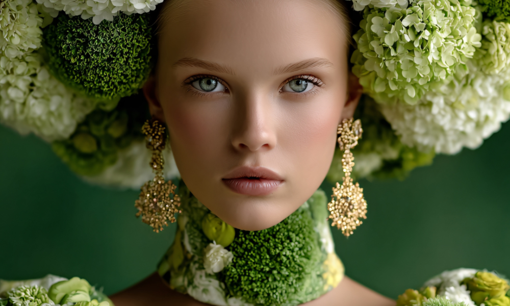 Editorial photoshoot with a female model dressed in green flowers against a green background