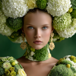Editorial photoshoot with a female model dressed in green flowers against a green background
