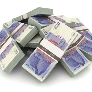 Stack of £20 notes in a pile