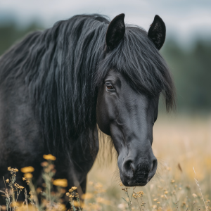 Close up of black horse in flower field