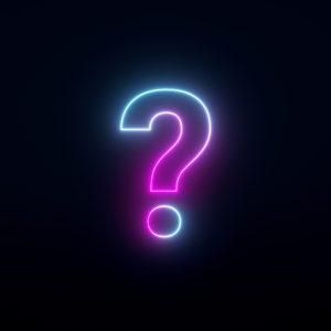 Neon purple and blue question mark against black background