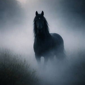 Silhouette of a black horse in a foggy photoshoot