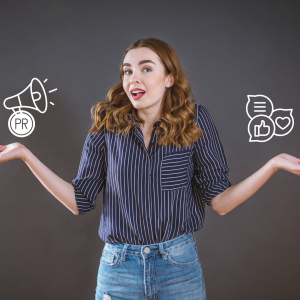Woman discussing PR vs social media strategy