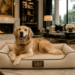 Golden retriever dog lying on luxury pet brand bed