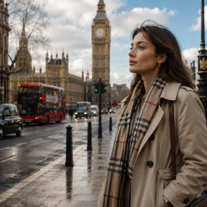 British heritage brand worn by brunette female model in London