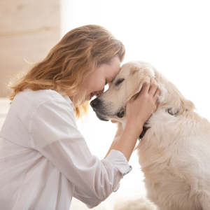 Pet owner lovingly hugging their dog