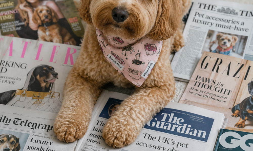 Dog sat on newspapers showing pet brands in national media publications