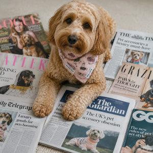 Dog sat on newspapers showing pet brands in national media publications