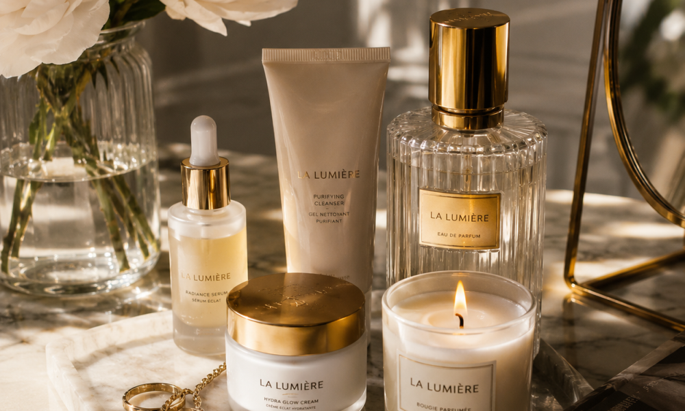 Selection of beauty products on a marble table