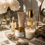 Selection of beauty products on a marble table