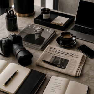 Stylish editorial workspace with photography tools