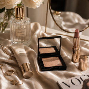 Beauty products on a silk dressing table with Vogue magazine