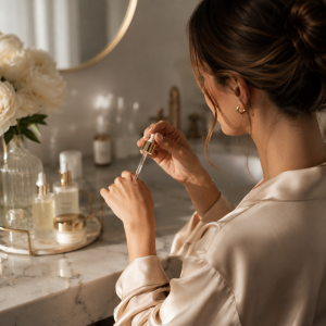 Elegant woman applying beauty products