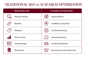 Traditional SEO vs AI search optimisation table explainer